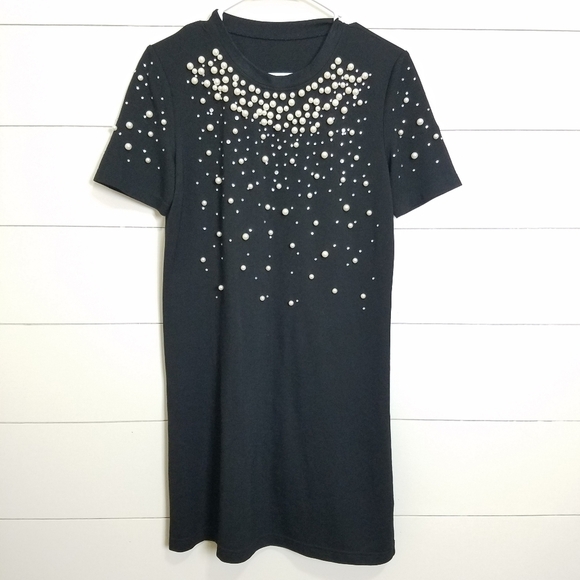 Pearl and Rhinestone Studded Black Dress NO TAG M - Picture 1 of 5